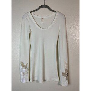 Free People Heart on Sleeve Thermal Knit Top Sz Medium Cream Lace Beaded Floral
